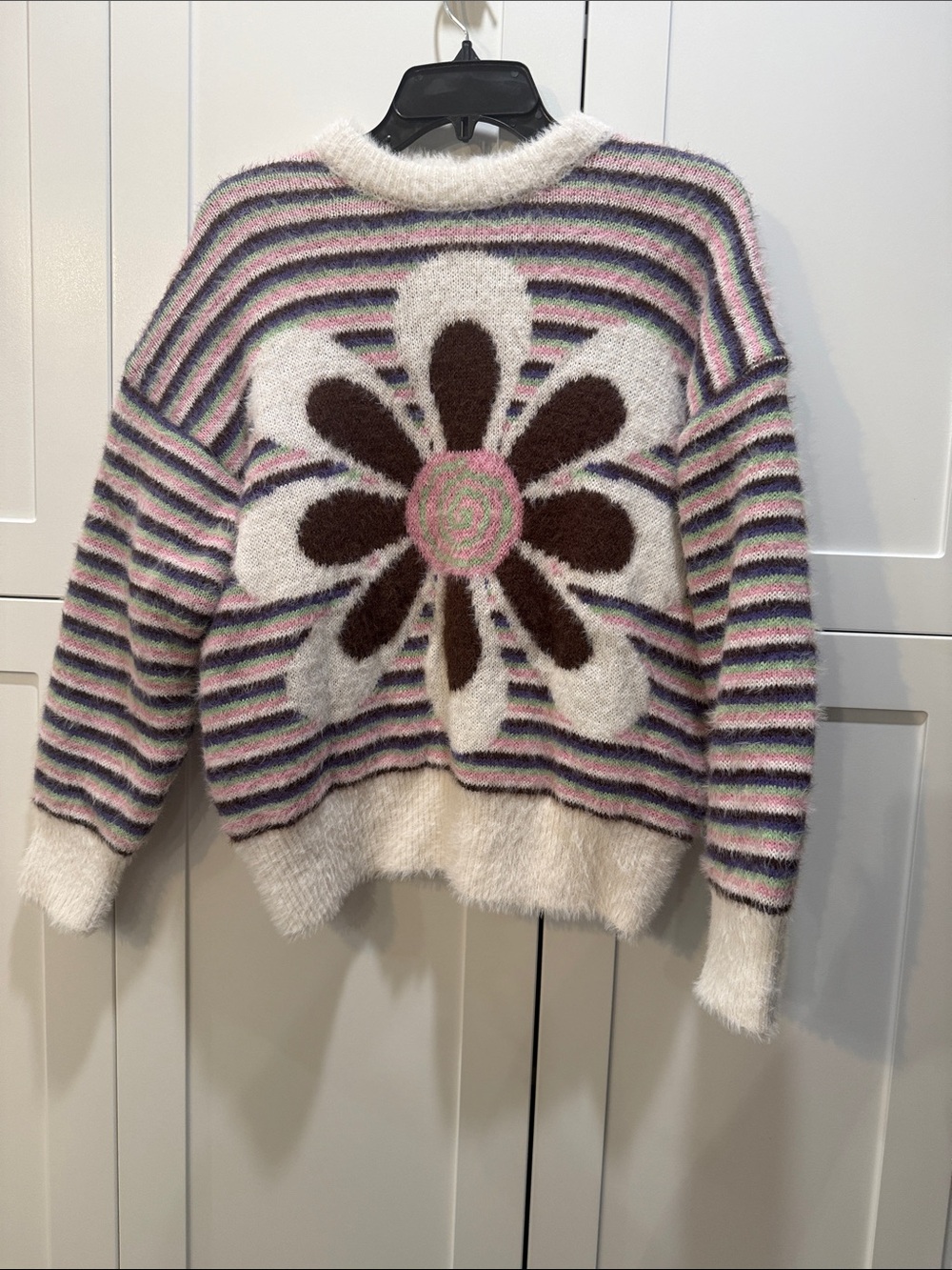 Forever 21 Fluffy Daisy Stripe Sweater - White, Pink & Brown